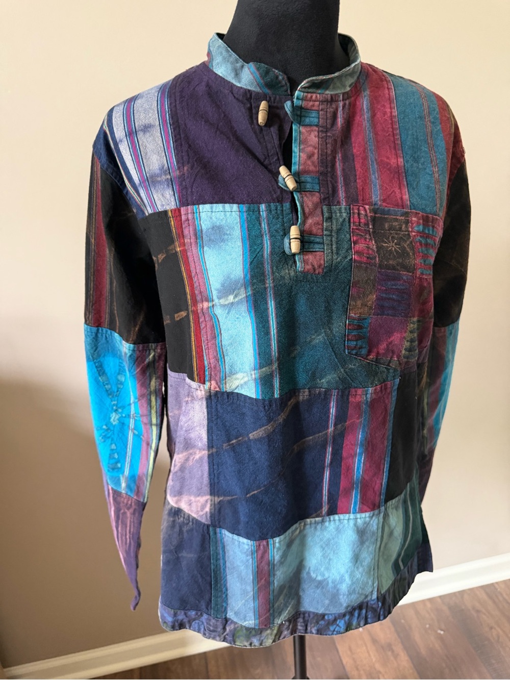 EARTHBOUND Small Patchwork Collar Shirt Multicolor Striped Casual Top 1/4 Button